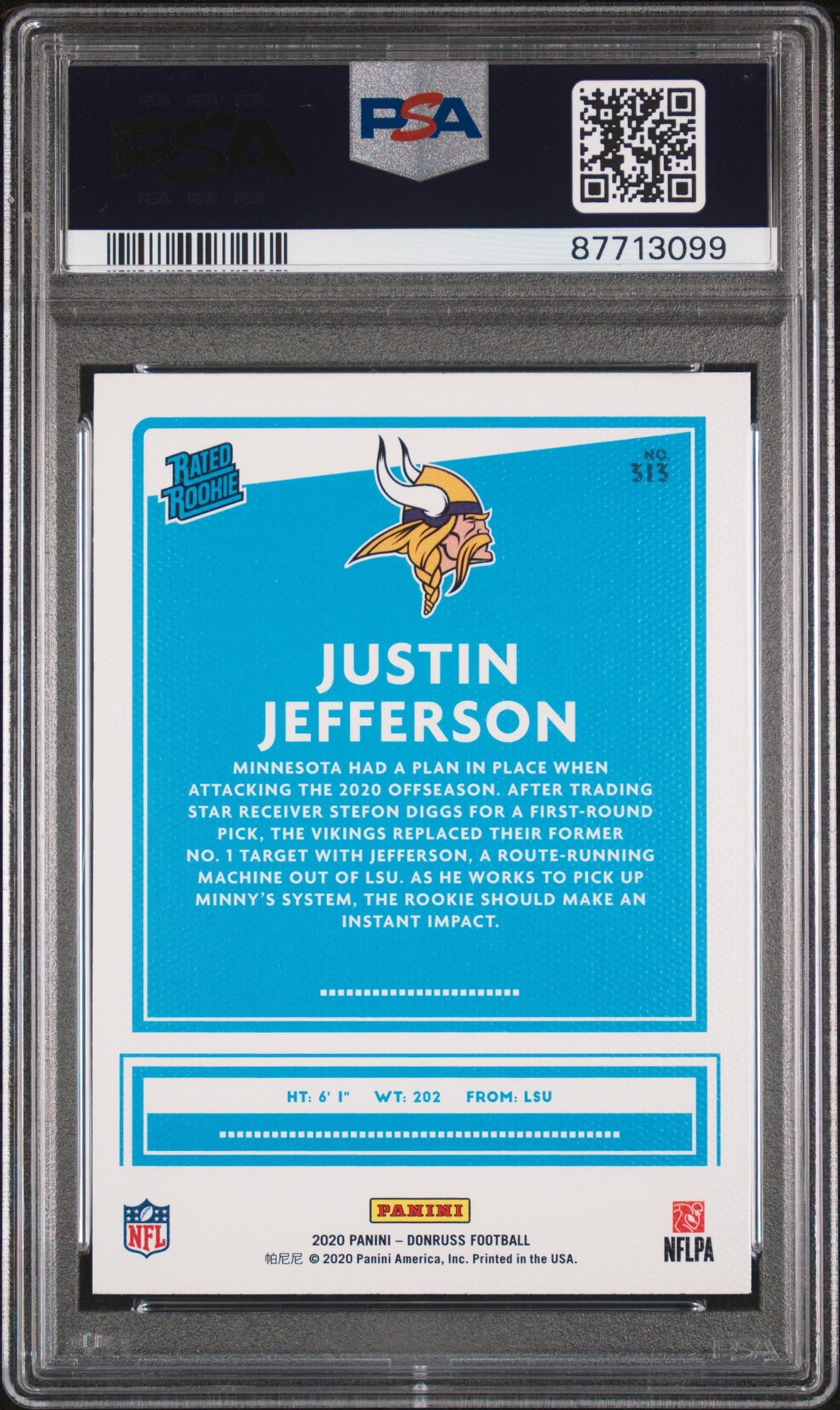 Graded 2020 Panini Donruss Justin Jefferson #313 Canvas Rookie RC Football Card PSA 10 Gem Mint