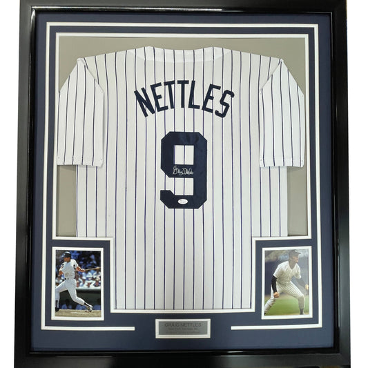 Framed Autographed/Signed Graig Nettles 35x39 New York Pinstripe Baseball Jersey JSA COA