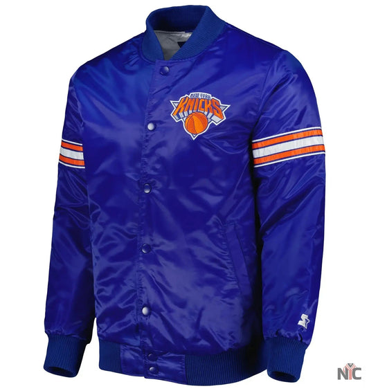 New York Knicks Pick & Roll Blue Satin Varsity Jacket
