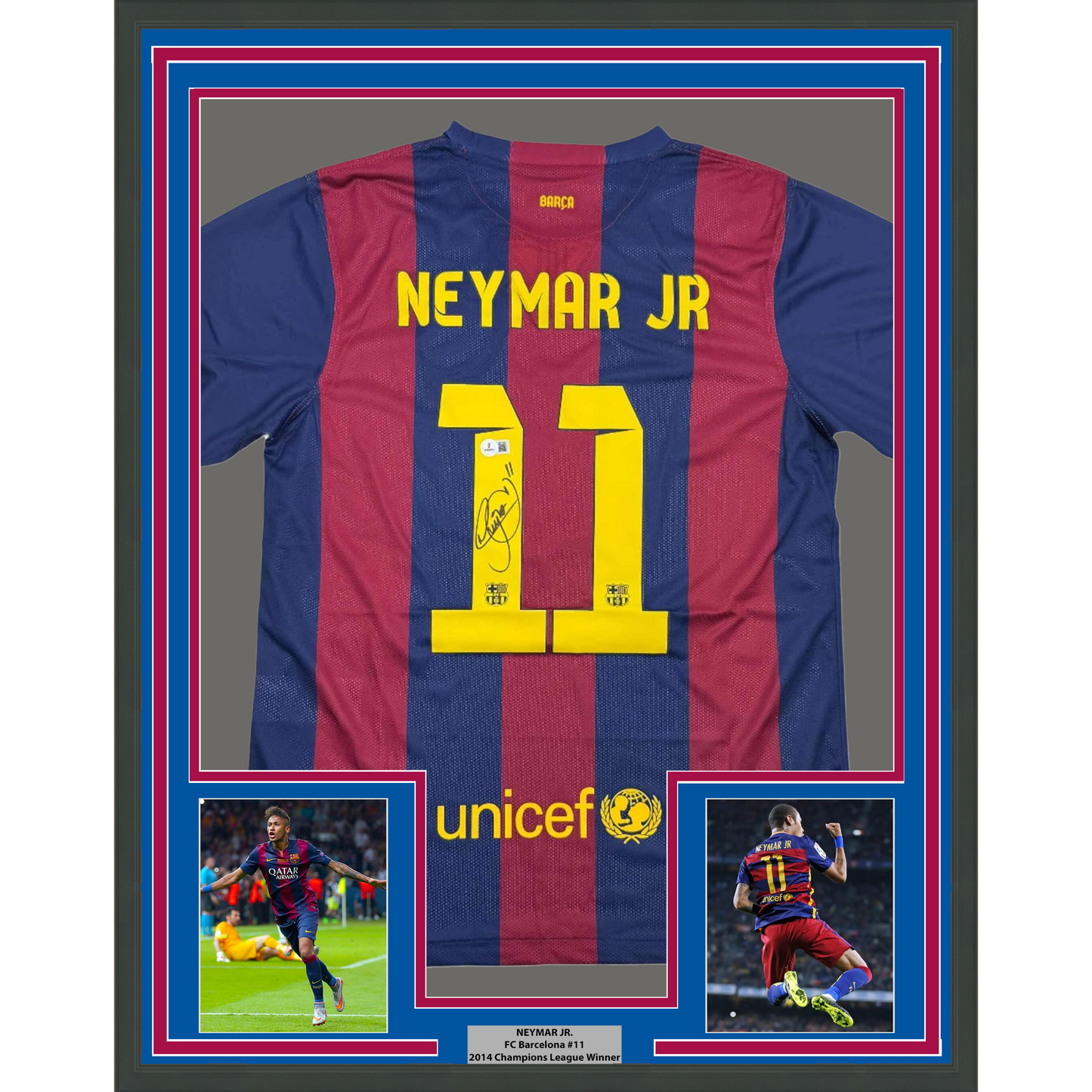 Framed Autographed/Signed Neymar Jr 35x39 FC Barcelona Blue Soccer Jersey Beckett BAS COA