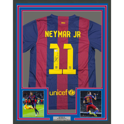 Framed Autographed/Signed Neymar Jr 35x39 FC Barcelona Blue Soccer Jersey Beckett BAS COA