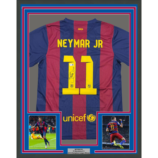 Framed Autographed/Signed Neymar Jr 35x39 FC Barcelona Blue Soccer Jersey Beckett BAS COA