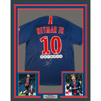 Framed Autographed/Signed Neymar Jr. 35x39 PSG Paris Saint-Germain Blue Soccer Futbol Jersey Beckett BAS COA