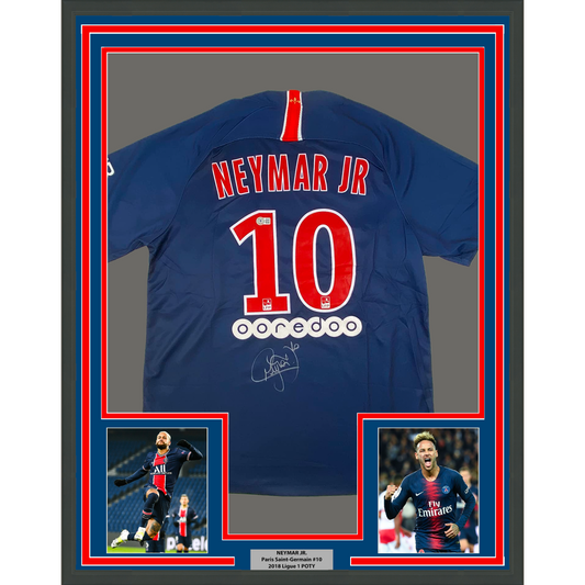 Framed Autographed/Signed Neymar Jr. 35x39 PSG Paris Saint-Germain Blue Soccer Futbol Jersey Beckett BAS COA
