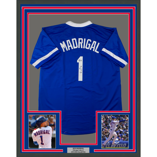 Framed Autographed/Signed Nick Madrigal 35x39 Chicago Blue Baseball Jersey Beckett BAS COA