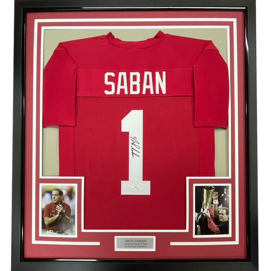 Framed Autographed/Signed Nick Saban 35x39 Alabama Red College Football Jersey PSA/DNA COA