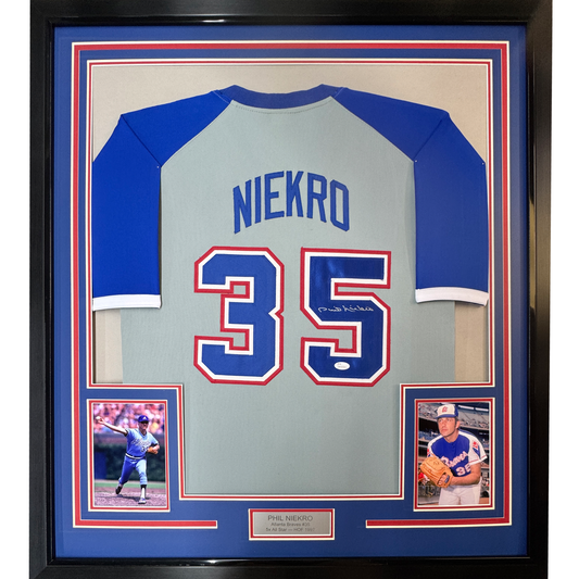 Framed Autographed/Signed Phil Niekro 35x39 Atlanta Grey Baseball Jersey JSA COA