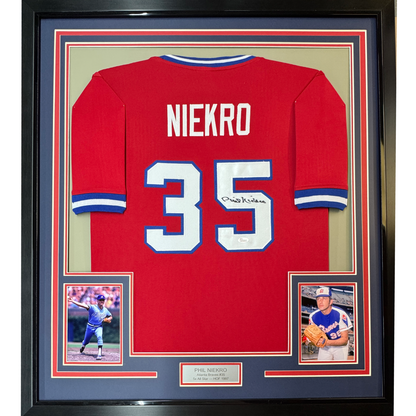 Framed Autographed/Signed Phil Niekro 35x39 Atlanta Red Baseball Jersey JSA COA