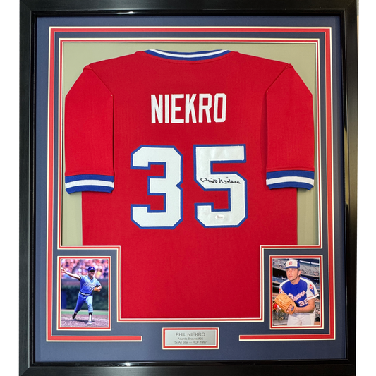 Framed Autographed/Signed Phil Niekro 35x39 Atlanta Red Baseball Jersey JSA COA