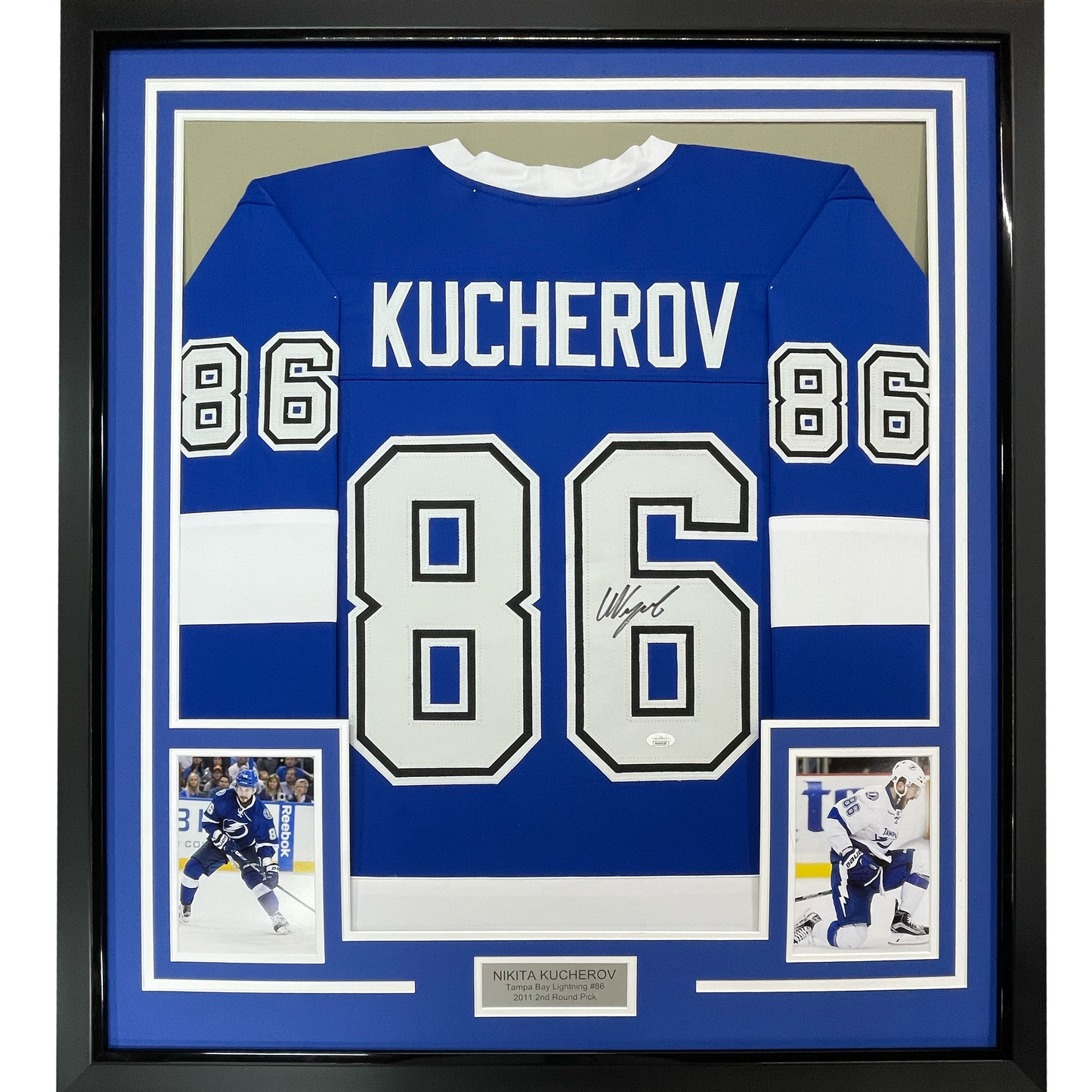 Framed Autographed/Signed Nikita Kucherov 35x39 Tampa Bay Blue Hockey Jersey PSA/DNA COA