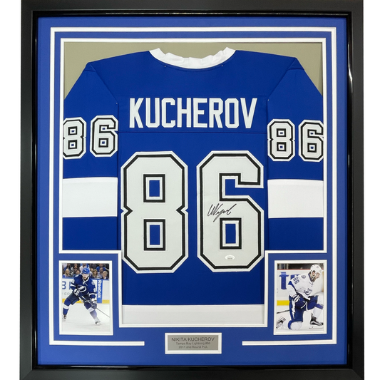 Framed Autographed/Signed Nikita Kucherov 35x39 Tampa Bay Blue Hockey Jersey PSA/DNA COA