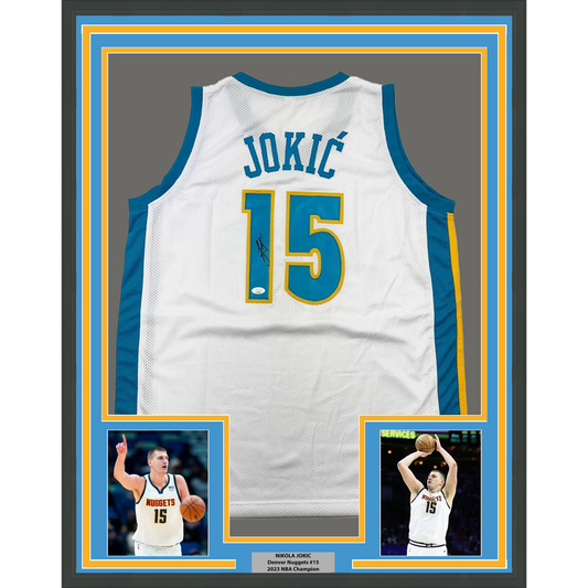 Framed Autographed/Signed Nikola Jokic 35x39 Denver White Retro Throwback Basketball Jersey JSA COA