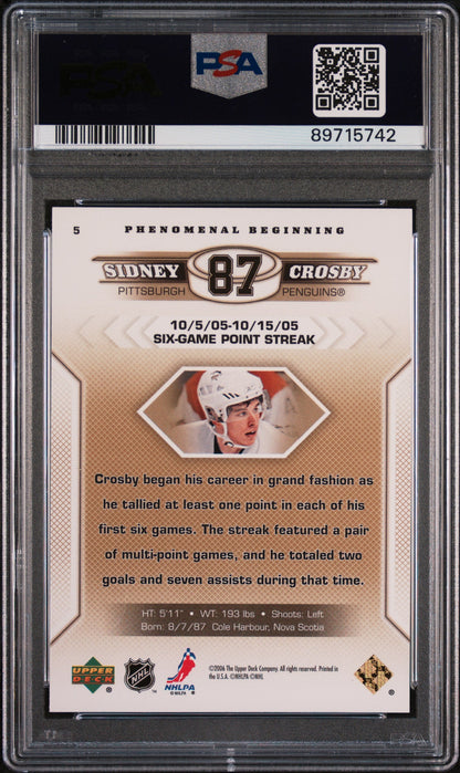 Graded 2005-06 Upper Deck Sidney Crosby #5 Phenomenal Beginning Gold Rookie RC Hockey Card PSA 10 Gem Mint