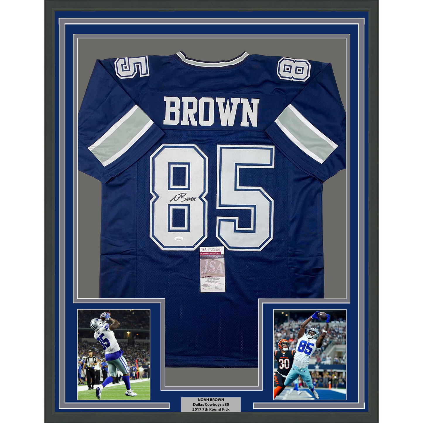 Framed Autographed/Signed Noah Brown 35x39 Dallas Blue Football Jersey JSA COA