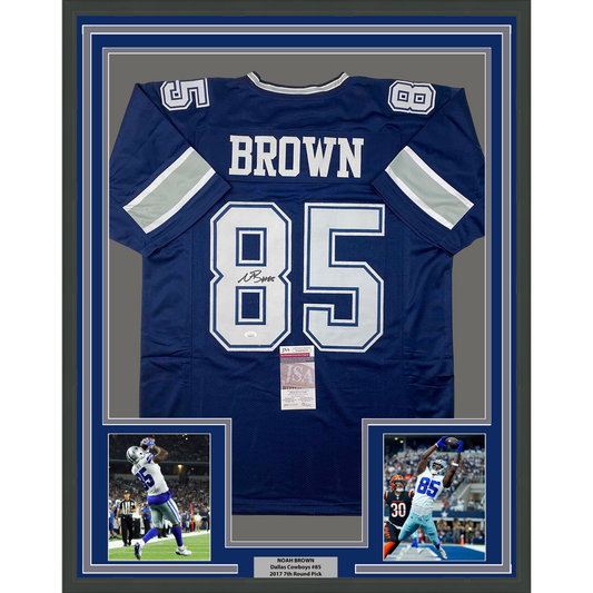 Framed Autographed/Signed Noah Brown 35x39 Dallas Blue Football Jersey JSA COA