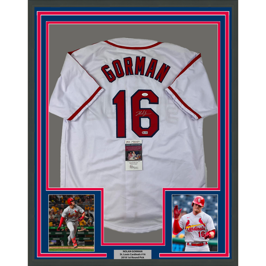 Framed Autographed/Signed Nolan Gorman 35x39 St. Louis White Baseball Jersey JSA COA