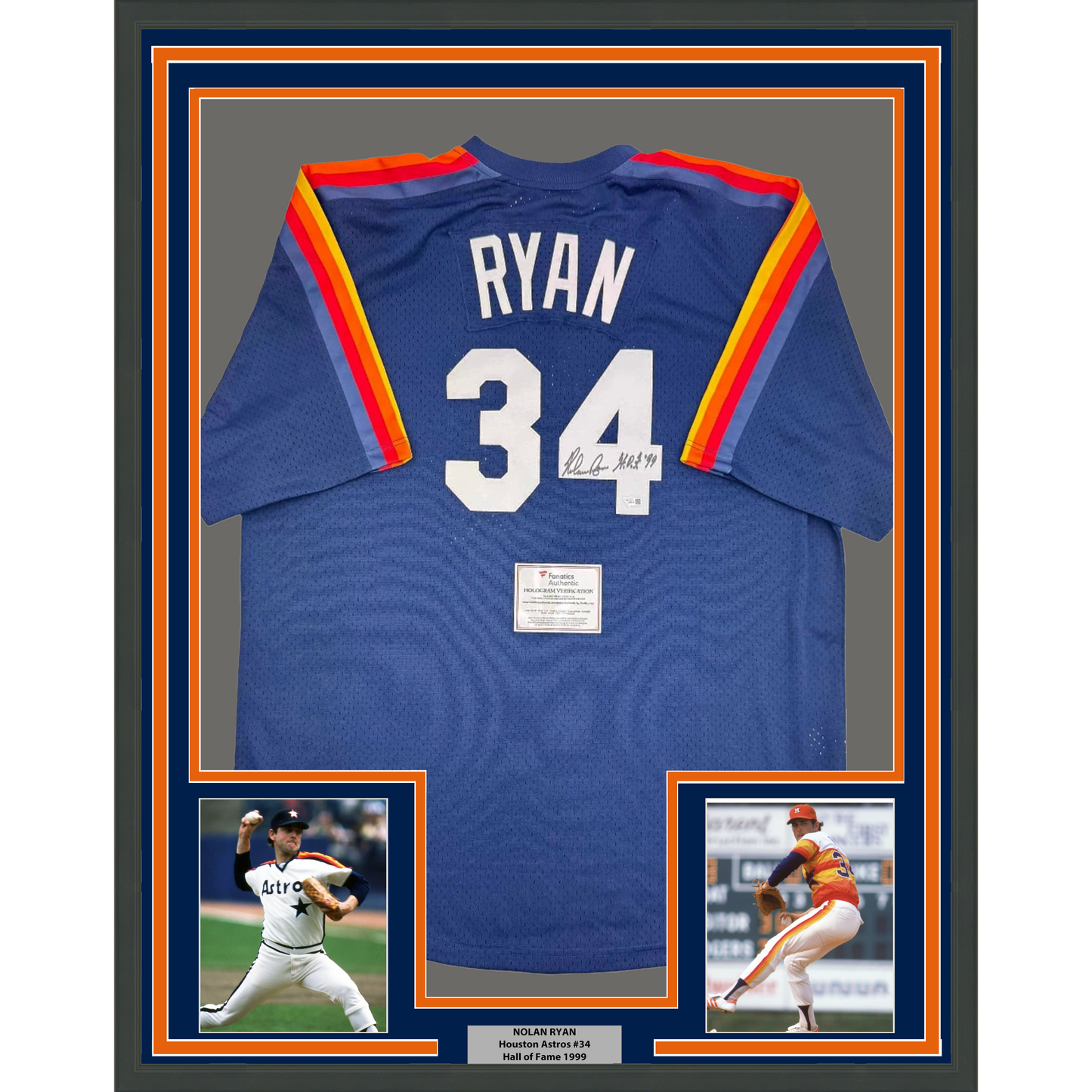 Framed Autographed/Signed Nolan Ryan 35x39 "HOF 99" Houston Astros Authentic Mitchell & Ness Blue Baseball Jersey Fanatics COA