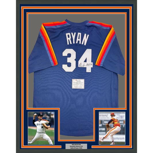 Framed Autographed/Signed Nolan Ryan 35x39 "HOF 99" Houston Astros Authentic Mitchell & Ness Blue Baseball Jersey Fanatics COA