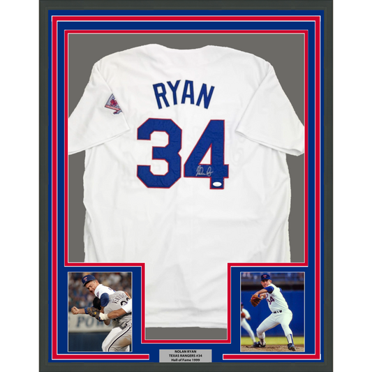 Framed Autographed/Signed Nolan Ryan 35x39 Texas Rangers White Baseball Jersey JSA COA