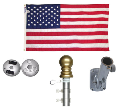 Illuminated Non Tangle Flagpole Kit w/ Flag, Adjustable Bracket, Aluminum Pole & Solar Light