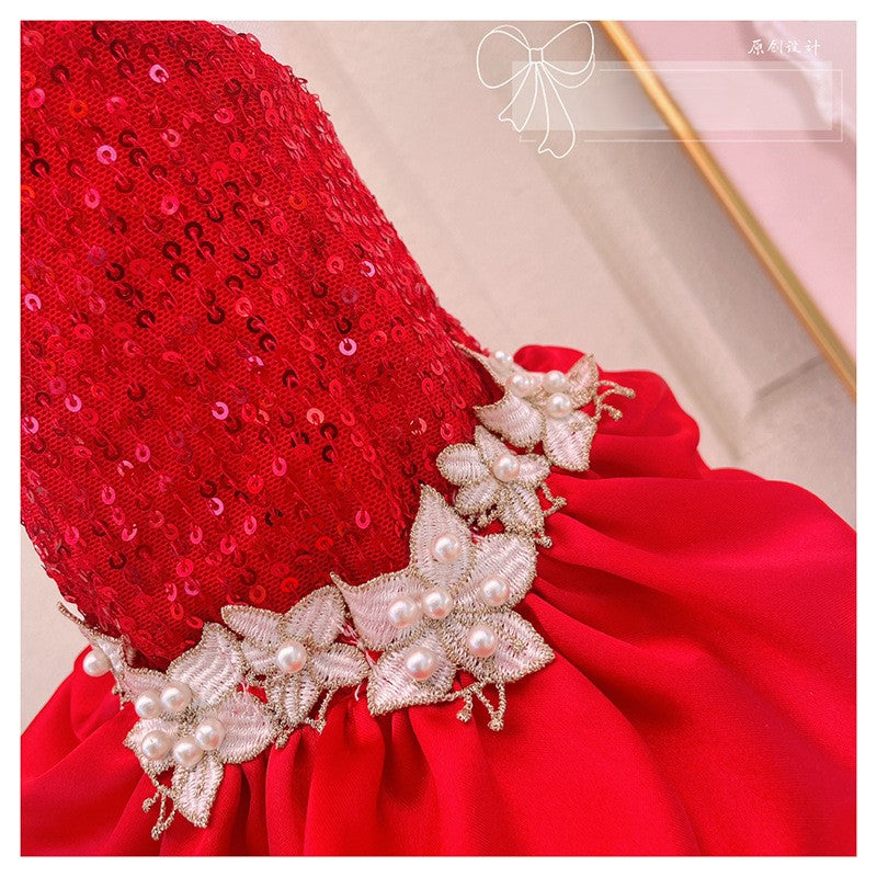 Red Sequin Pearl Dog Dress – Luxury Holiday & Wedding Pet Gown