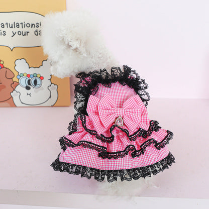 Pink Gingham Lace Dog Dress – Boutique Princess Puppy Dress with Black Lace Ruffles & Bow