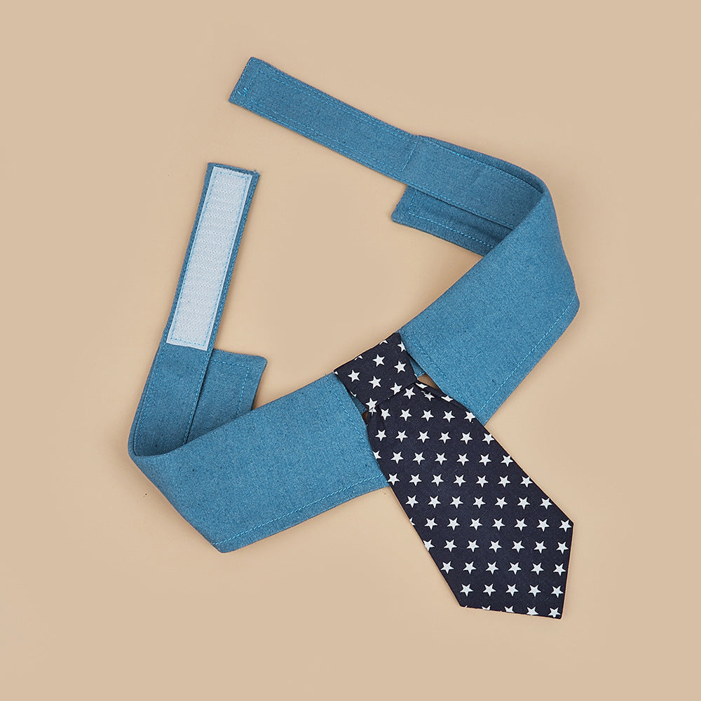 Patriotic Dog Tie Collar | Adjustable Blue Collar with Star Print Necktie for Dogs & Cats