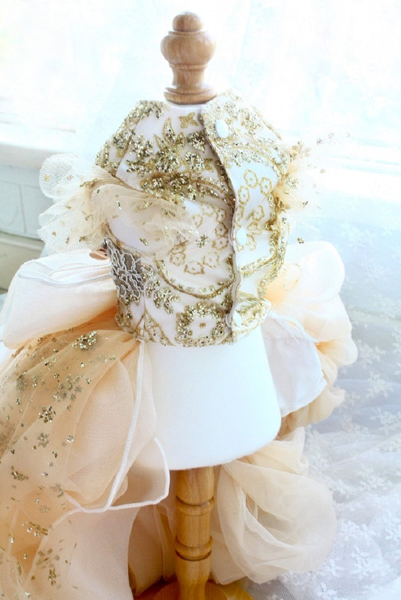 Handmade Luxury Champagne Gold Princess Dog Wedding Dress Glitter Lace Ball Gown for Small Dogs