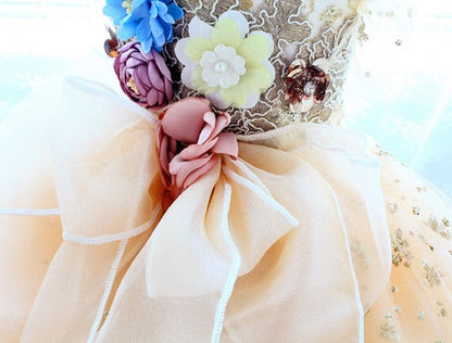 Handmade Luxury Champagne Gold Princess Dog Wedding Dress Glitter Lace Ball Gown for Small Dogs