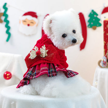 Christmas Sweater Knit Bow Dress for Dogs & Cats – Red Plaid