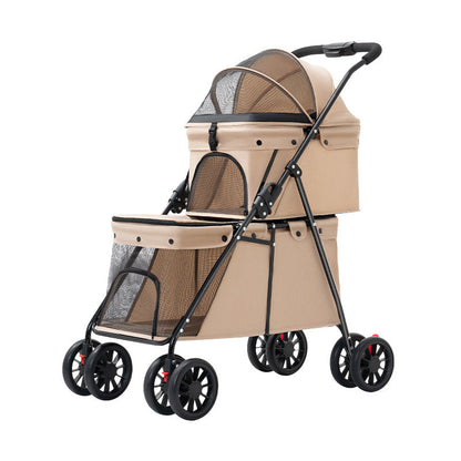 Double Pet Stroller + Foldable Beige Linen Breathable Design