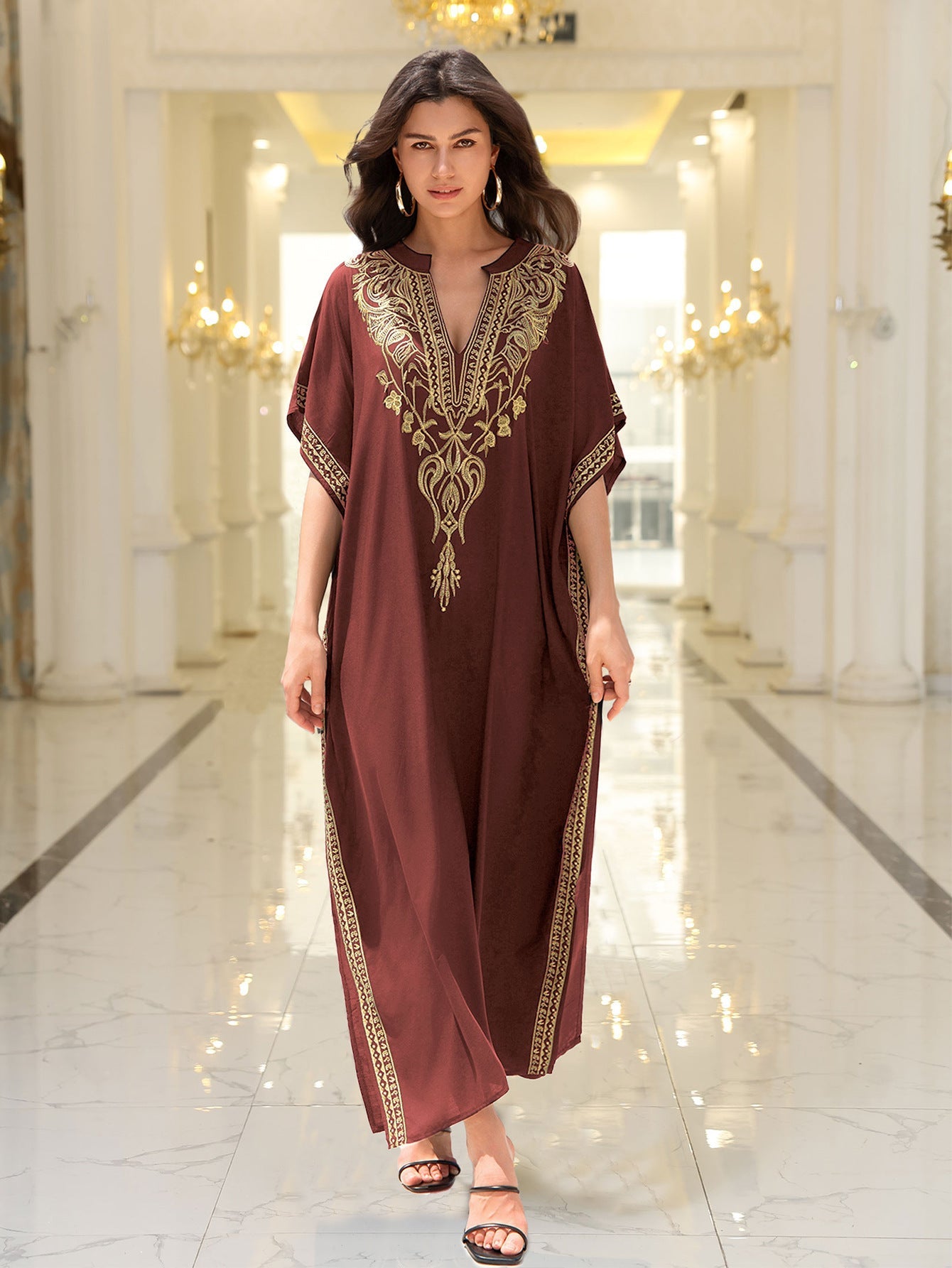 Lightweight Embroidered Kaftan Beach Dress - Gold Thread Rayon
