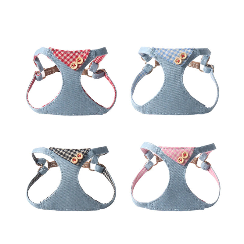 Pet Harness & Leash Set – Denim Plaid Design with Buttons