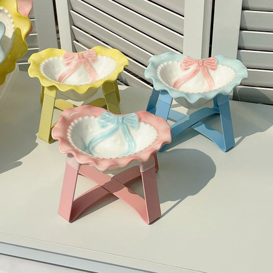 Ceramic Pet Bowl with Bow – Raised Cute Design