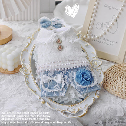 Handmade Elegant Dog Dress Blue Lace Flower Outfit