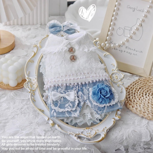 Handmade Elegant Dog Dress Blue Lace Flower Outfit