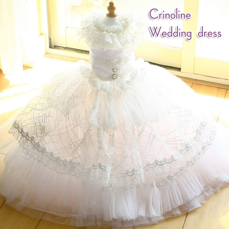 Handmade Victorian Luxury White Dog Wedding Dress with Crinoline Skirt – Bridal Pet Gown for Ceremony & Photoshoot