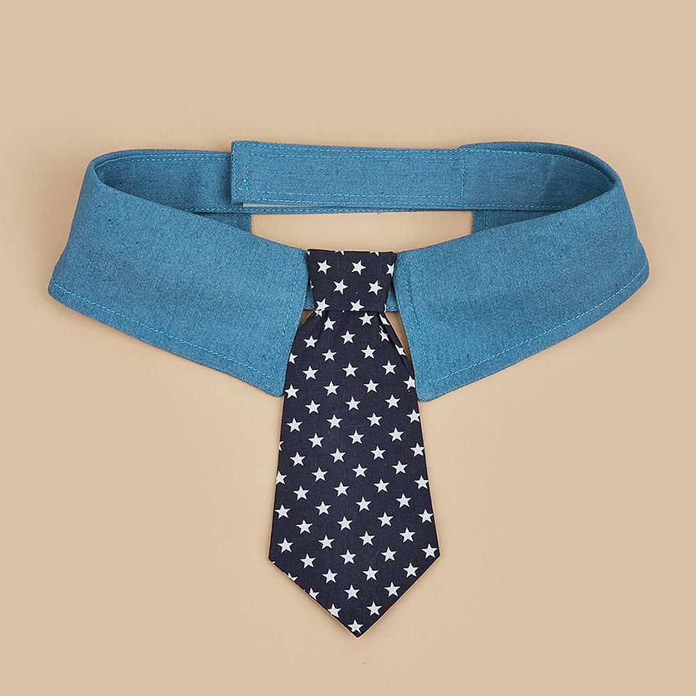 Patriotic Dog Tie Collar | Adjustable Blue Collar with Star Print Necktie for Dogs & Cats
