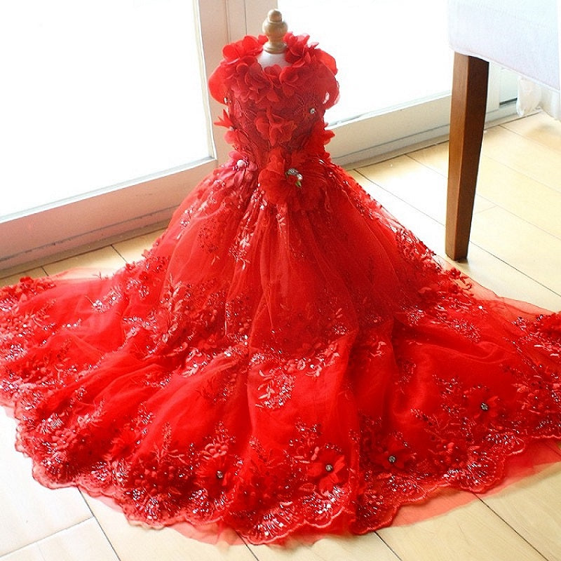 Handmade Ruby Rose Royal Dog Dress – Luxury Red Floral Wedding Gown with Crystal Train