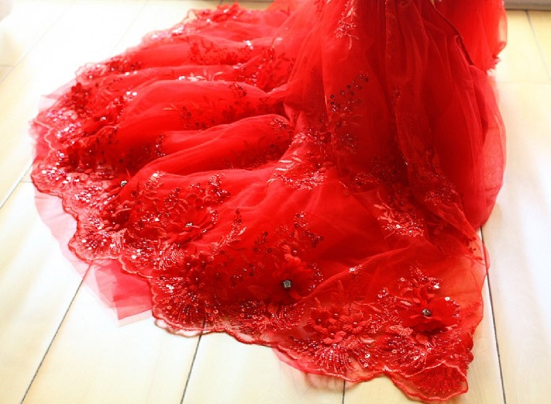 Handmade Ruby Rose Royal Dog Dress – Luxury Red Floral Wedding Gown with Crystal Train