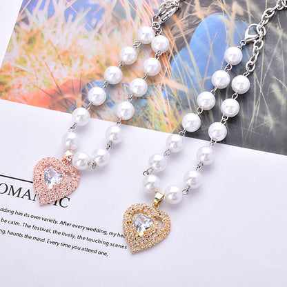 Heart Charm Pearl Pet Necklace – Elegant & Romantic