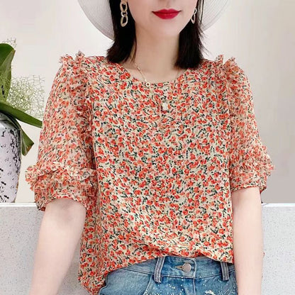 Lightweight Pleated Chiffon Blouse - Ruffle Sleeve Floral Top