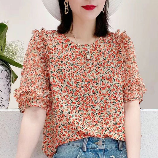 Lightweight Pleated Chiffon Blouse - Ruffle Sleeve Floral Top