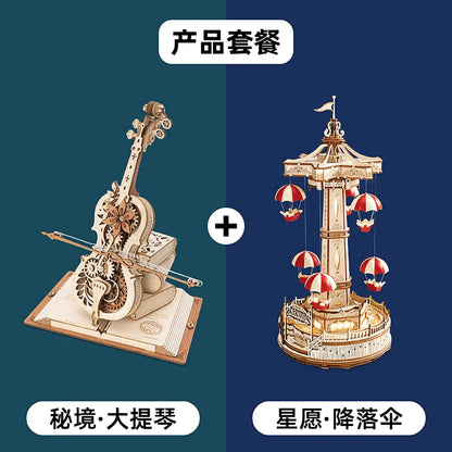 Ruoke Secret Cello Music Box Music Box Building Blocks DIY Handmade Wooden for Birthdays and Valentine's Days Gift for Men and Women