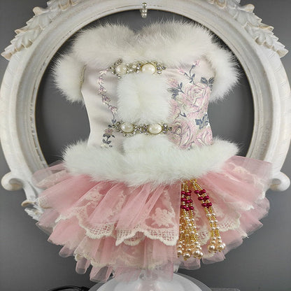 Handmade Vintage Design Winter Dog Clothes Chinese Brocade Pet Padded Jacket Coat Dress Fur Collar Embroidery Lace Skirt Cat