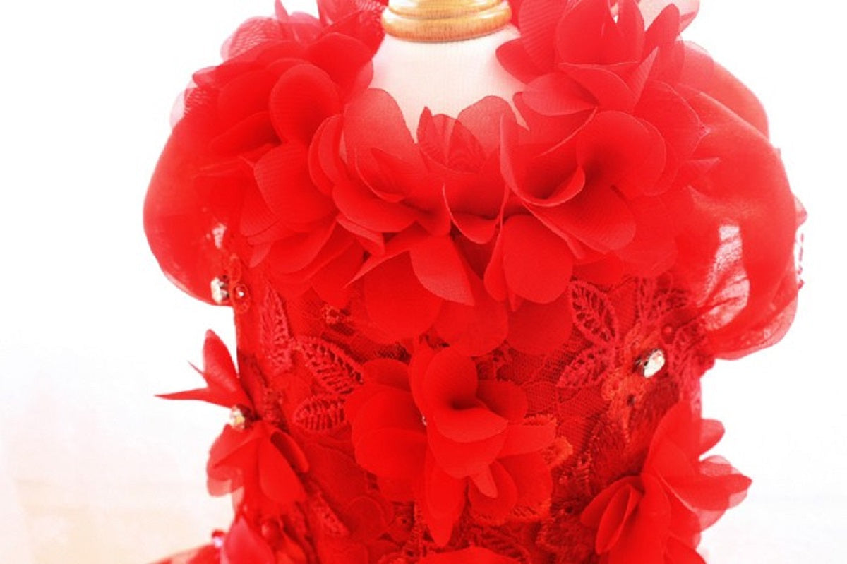 Handmade Ruby Rose Royal Dog Dress – Luxury Red Floral Wedding Gown with Crystal Train
