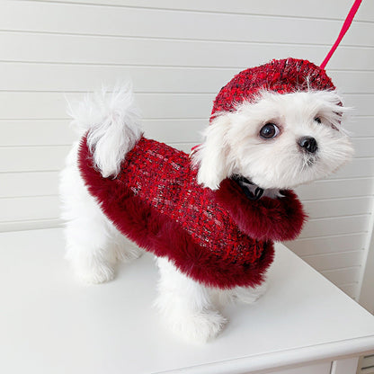 Dog cape+hat+leash sets wine tweed