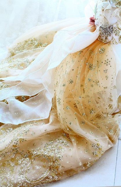 Handmade Luxury Champagne Gold Princess Dog Wedding Dress Glitter Lace Ball Gown for Small Dogs