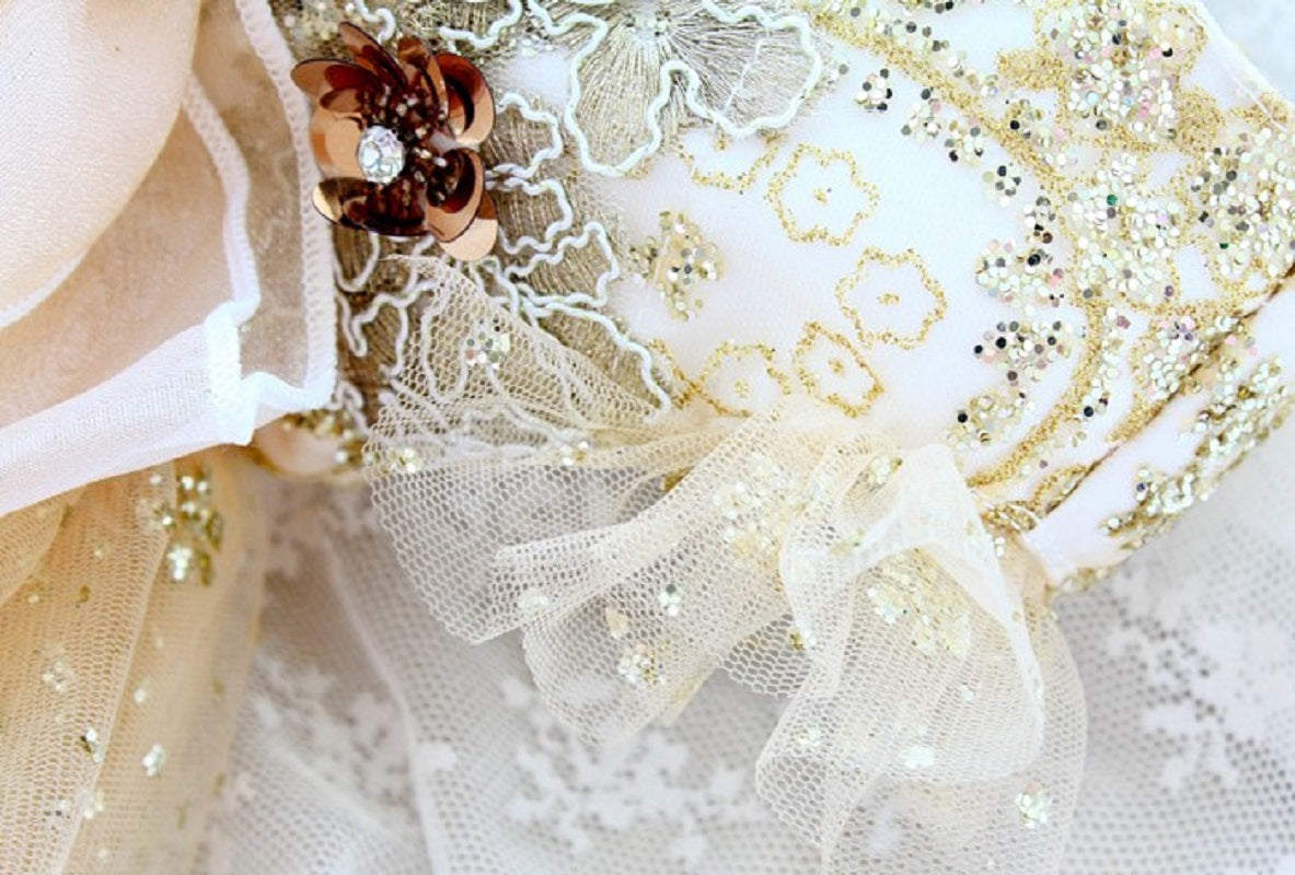 Handmade Luxury Champagne Gold Princess Dog Wedding Dress Glitter Lace Ball Gown for Small Dogs