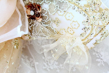 Handmade Luxury Champagne Gold Princess Dog Wedding Dress Glitter Lace Ball Gown for Small Dogs